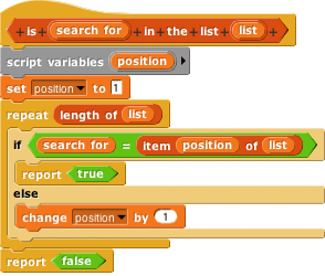 +is+search for+in+the+list+(list)+
script variables (position) 
set (position) to 1
repeat (length of (list))
if (search for)=(item(position)of(list))
report true
else
change (position) by 1
report false