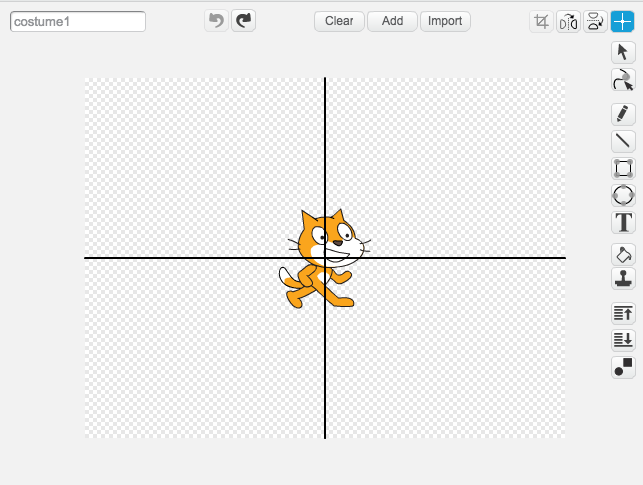 The costume editing stage in Scratch with the cat sprite centered at the origin.